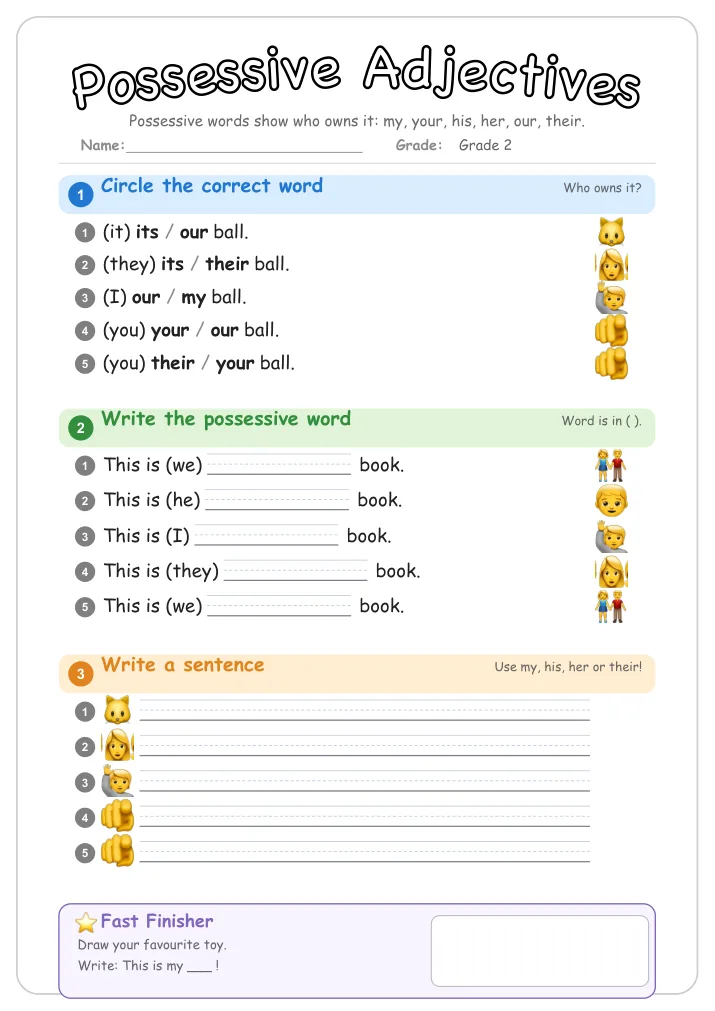 Possessive Adjectives grammar worksheet for Grade 2