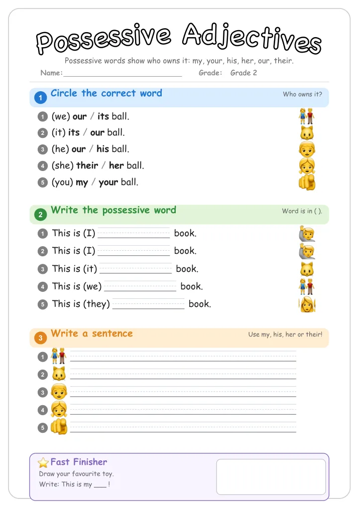 Possessive Adjectives grammar worksheet for Grade 2