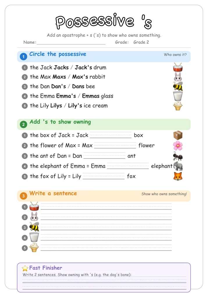 Possessive 's grammar worksheet for Grade 2