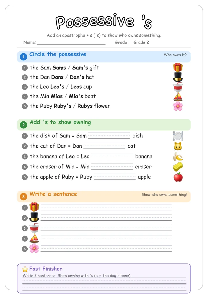 Possessive 's grammar worksheet for Grade 2