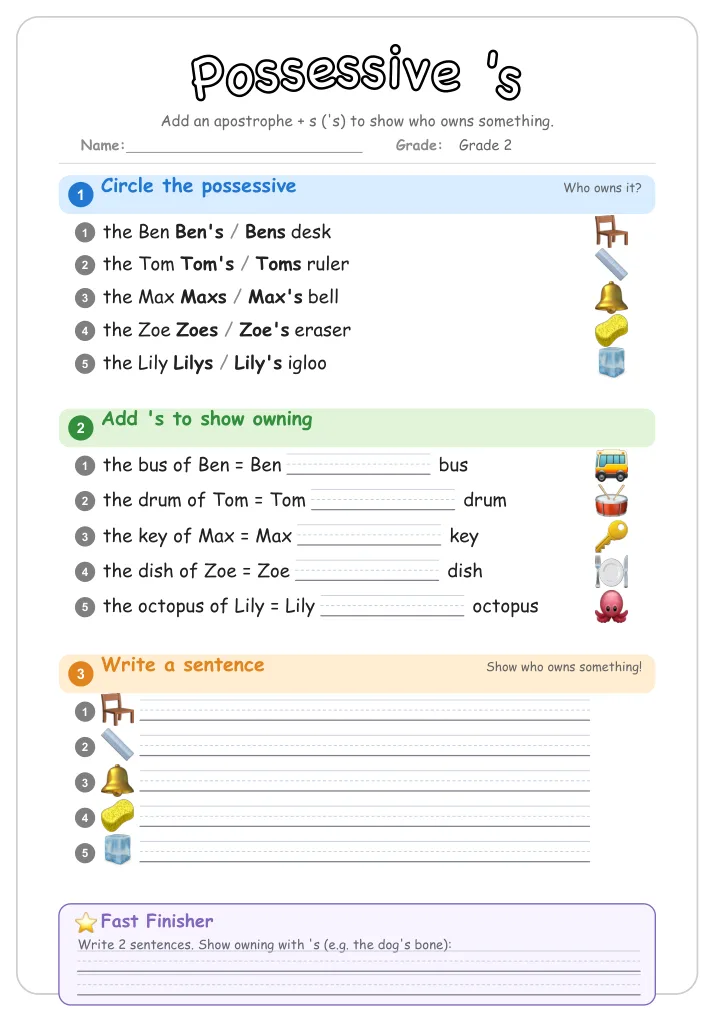 Possessive 's grammar worksheet for Grade 2