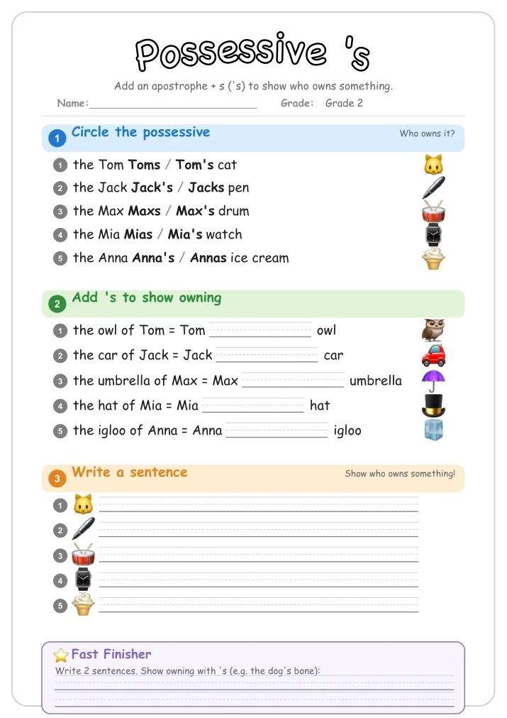 Possessive 's grammar worksheet for Grade 2