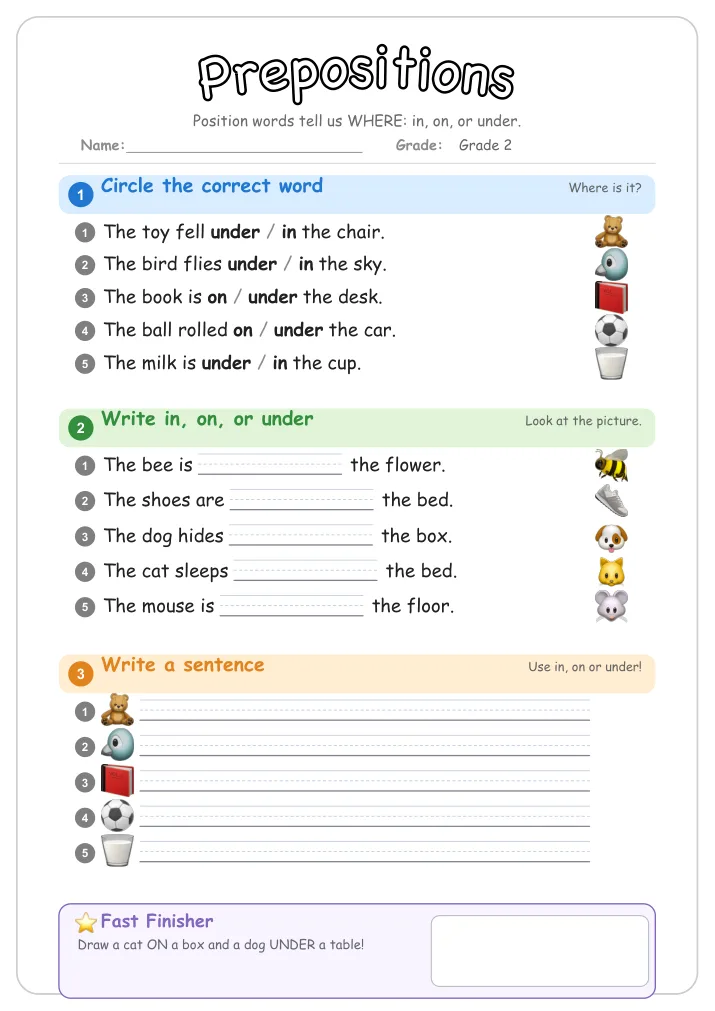 Prepositions grammar worksheet for Grade 2