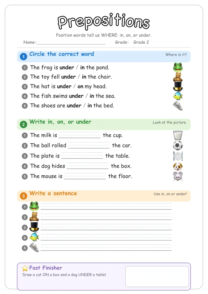 Prepositions grammar worksheet for Grade 2