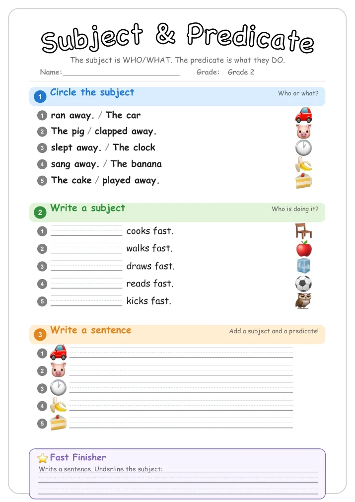 Subject & Predicate grammar worksheet for Grade 2