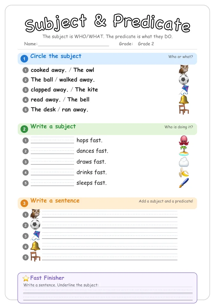 Subject & Predicate grammar worksheet for Grade 2