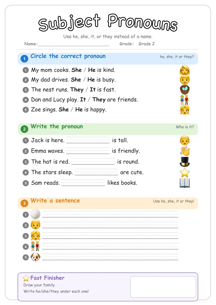 Subject Pronouns grammar worksheet for Grade 2