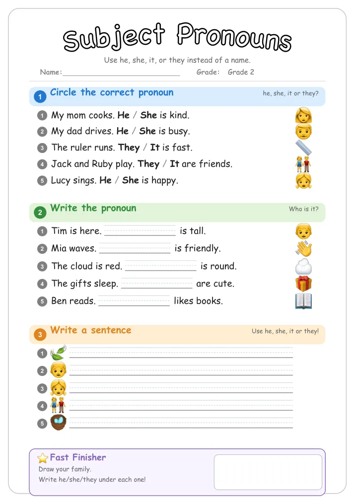 Subject Pronouns grammar worksheet for Grade 2
