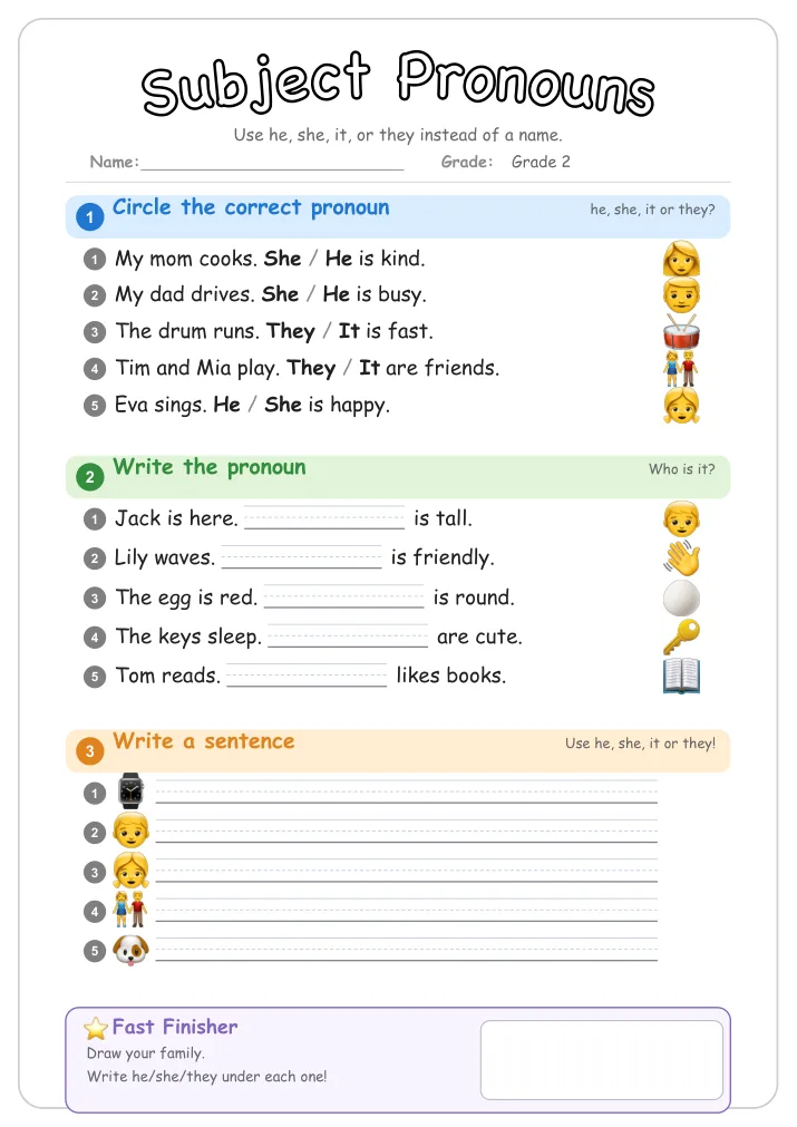 Subject Pronouns grammar worksheet for Grade 2