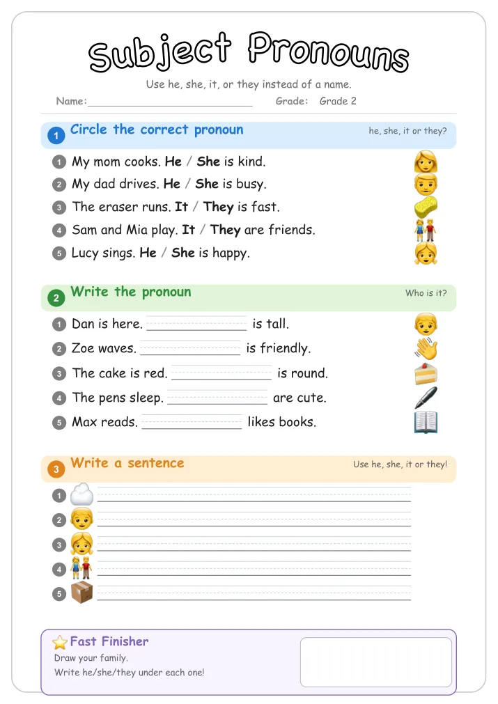 Subject Pronouns grammar worksheet for Grade 2