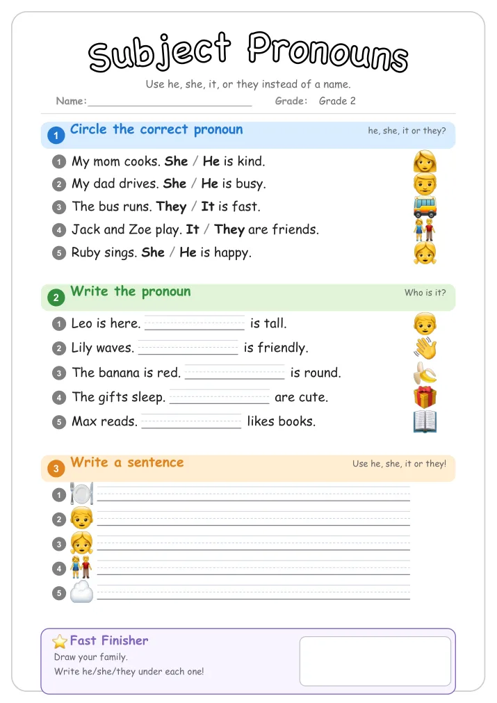 Subject Pronouns grammar worksheet for Grade 2