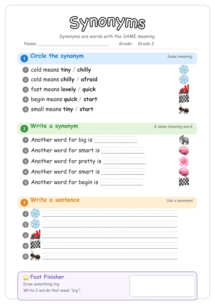 Synonyms grammar worksheet for Grade 2