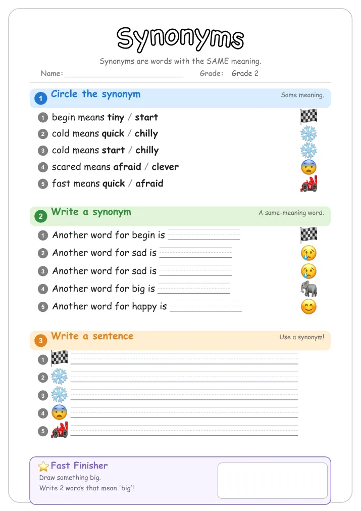 Synonyms grammar worksheet for Grade 2