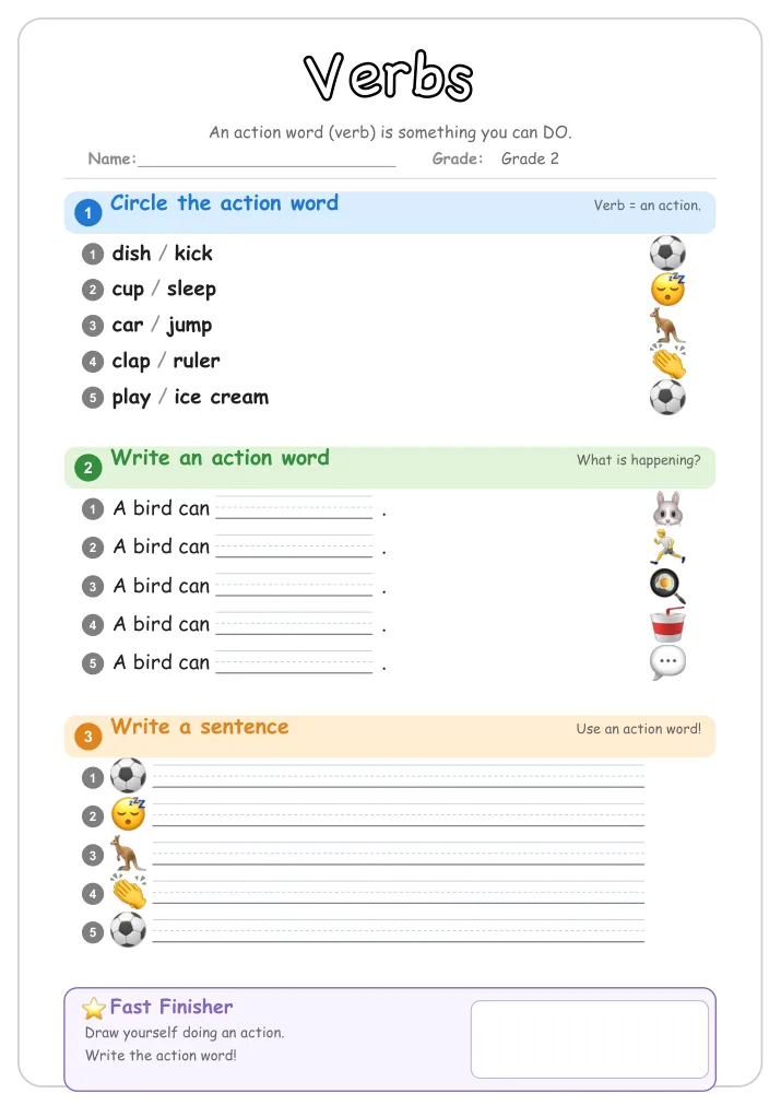 Verbs grammar worksheet for Grade 2