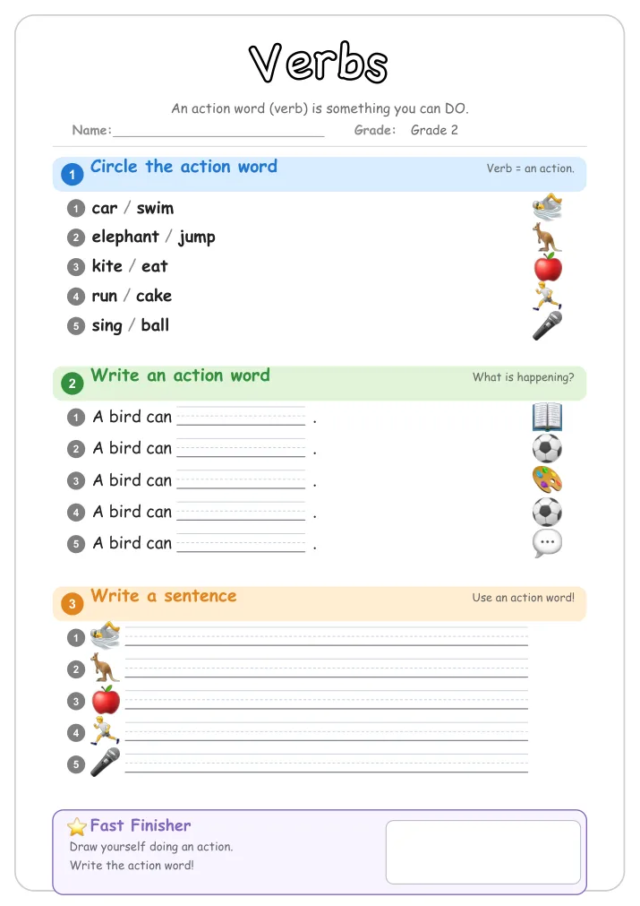 Verbs grammar worksheet for Grade 2
