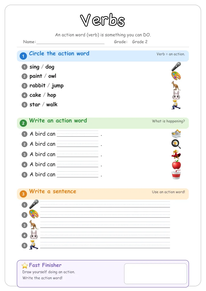 Verbs grammar worksheet for Grade 2