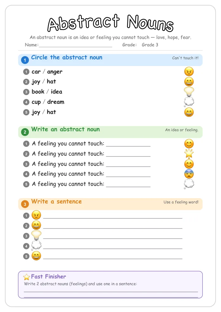 Abstract Nouns grammar worksheet for Grade 3