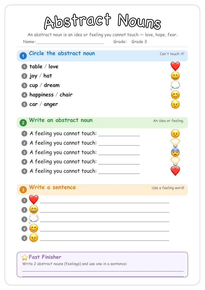 Abstract Nouns grammar worksheet for Grade 3