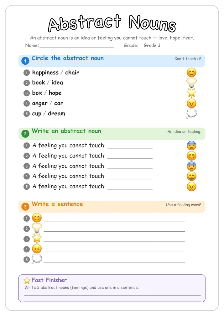 Abstract Nouns grammar worksheet for Grade 3