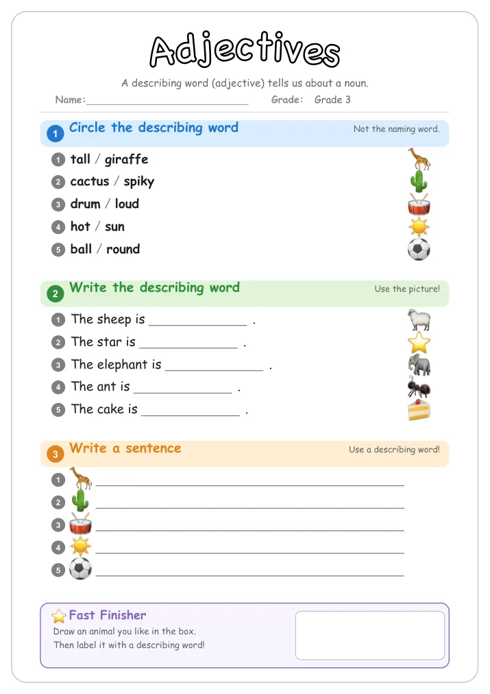 Adjectives grammar worksheet for Grade 3