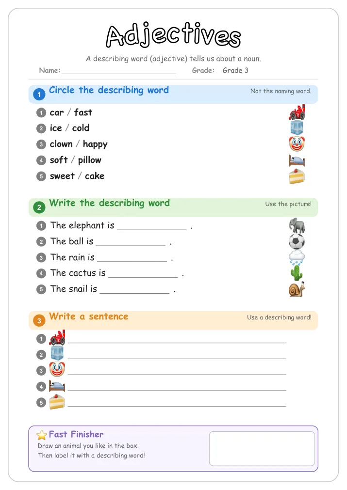 Adjectives grammar worksheet for Grade 3
