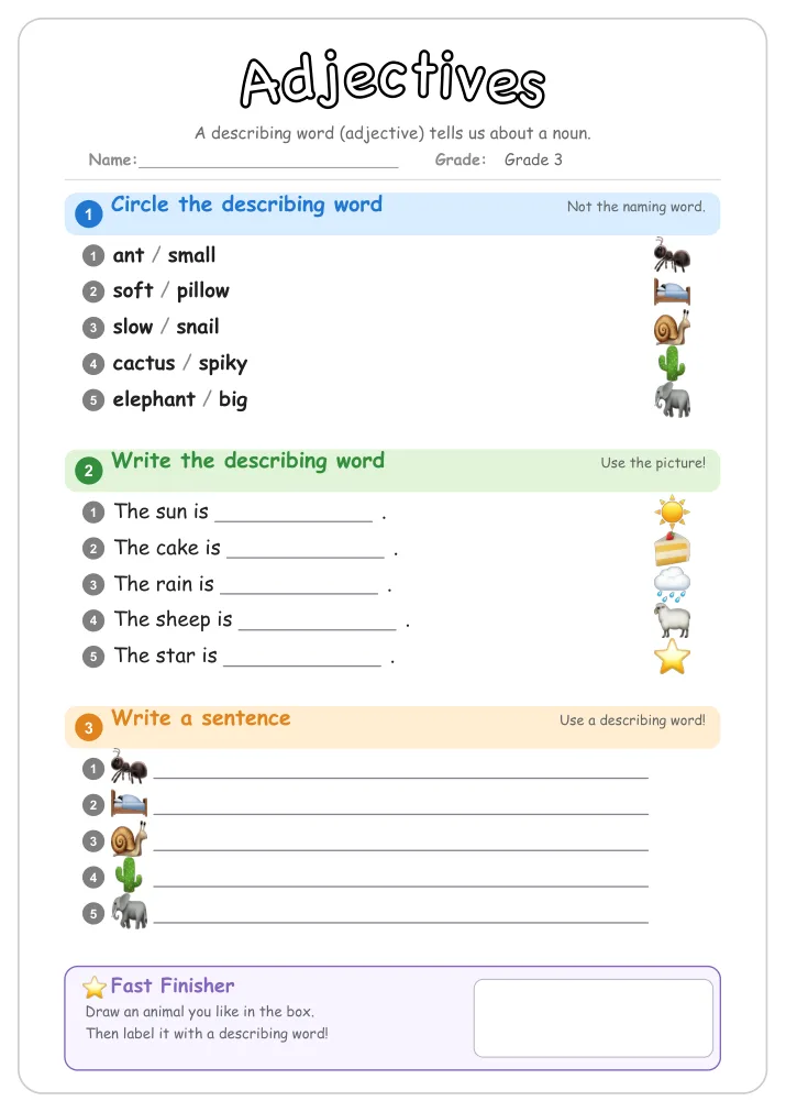 Adjectives grammar worksheet for Grade 3