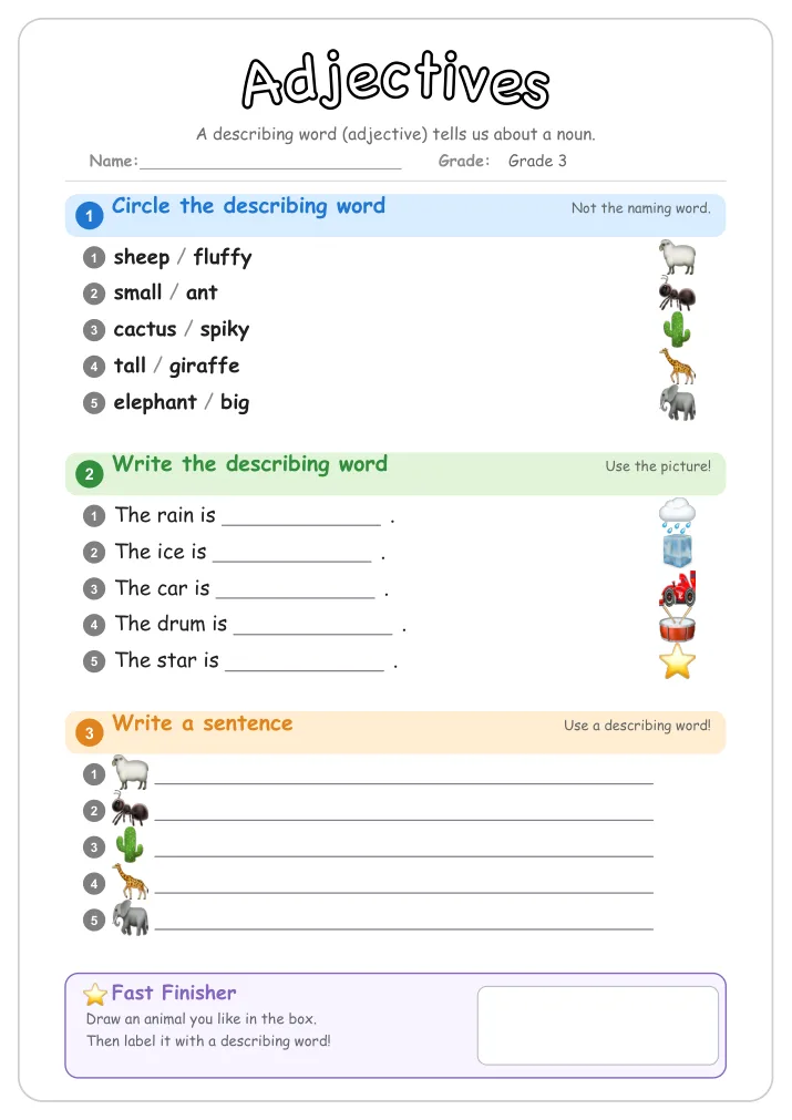 Adjectives grammar worksheet for Grade 3