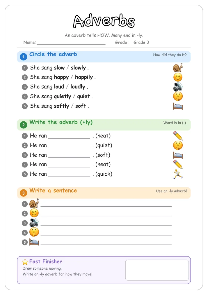 Adverbs grammar worksheet for Grade 3