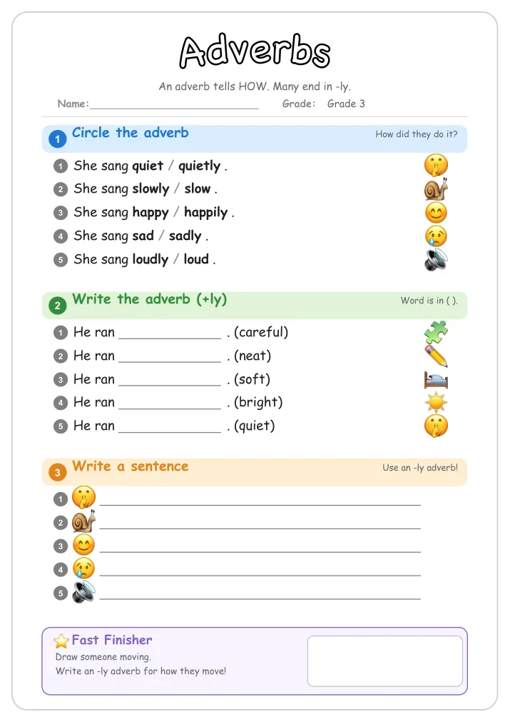 Adverbs grammar worksheet for Grade 3