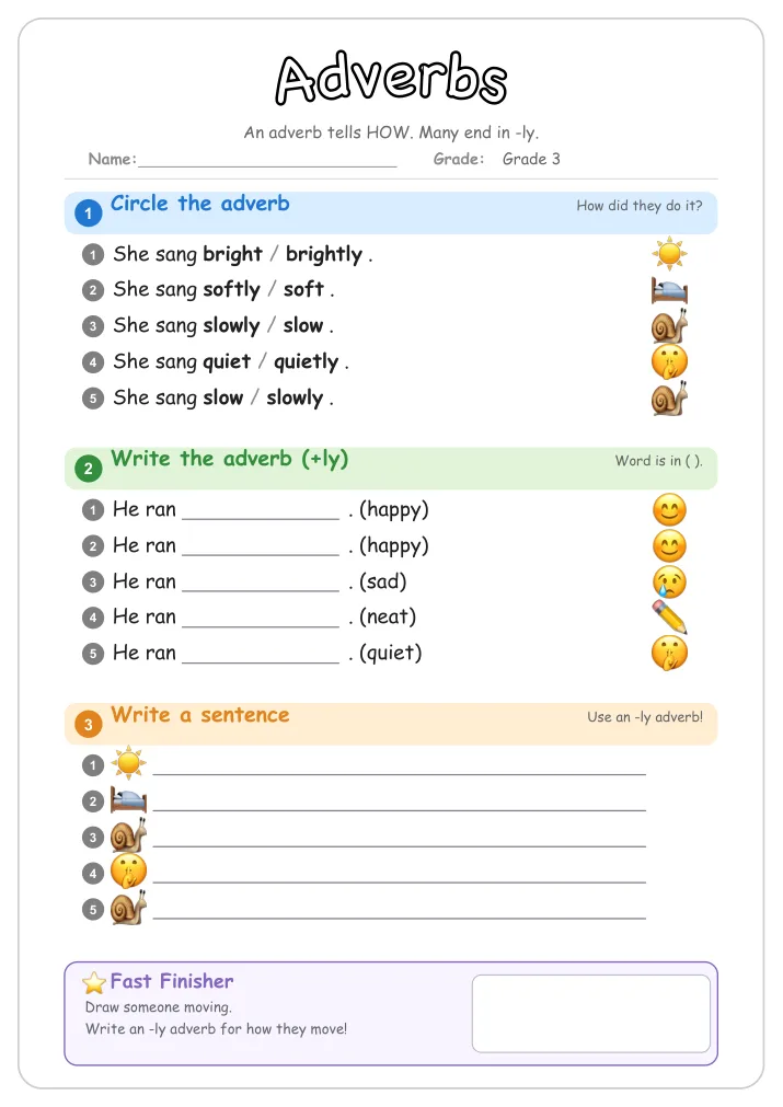 Adverbs grammar worksheet for Grade 3