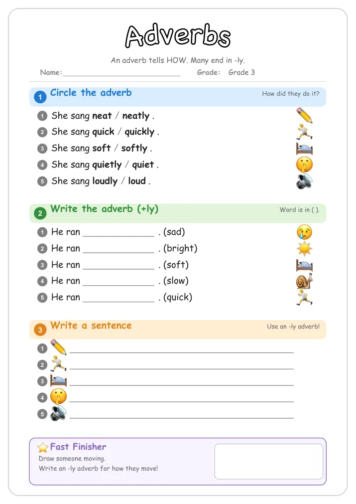 Adverbs grammar worksheet for Grade 3