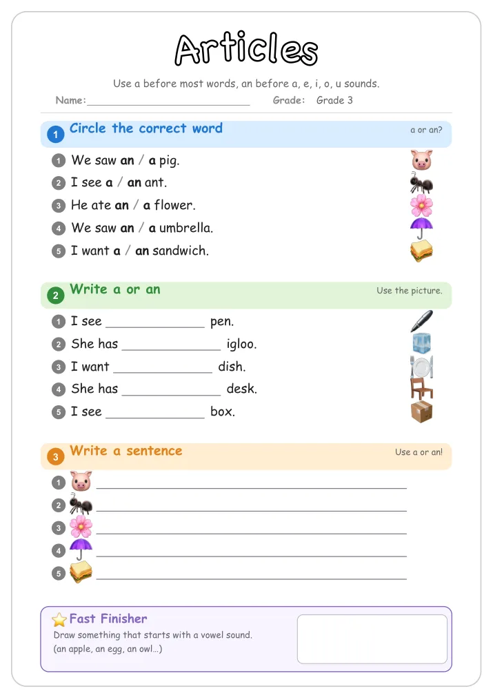 Articles grammar worksheet for Grade 3