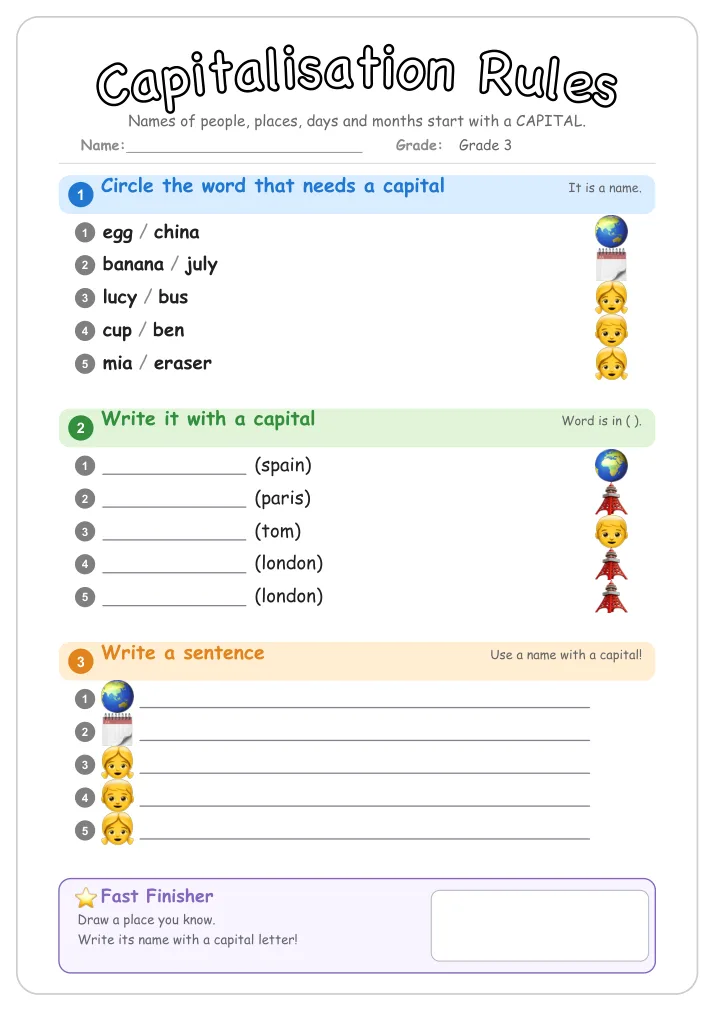 Capitalisation Rules grammar worksheet for Grade 3