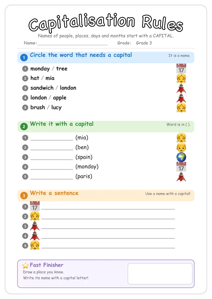 Capitalisation Rules grammar worksheet for Grade 3