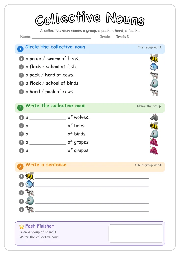 Collective Nouns grammar worksheet for Grade 3