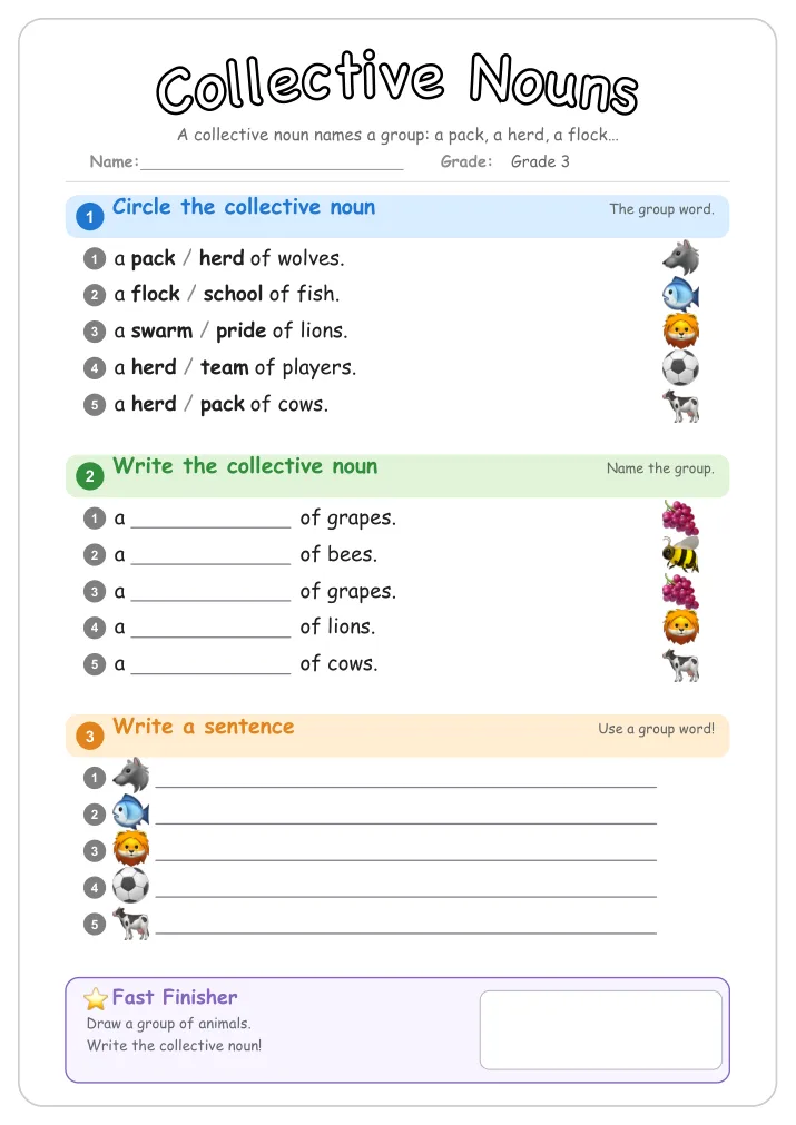 Collective Nouns grammar worksheet for Grade 3