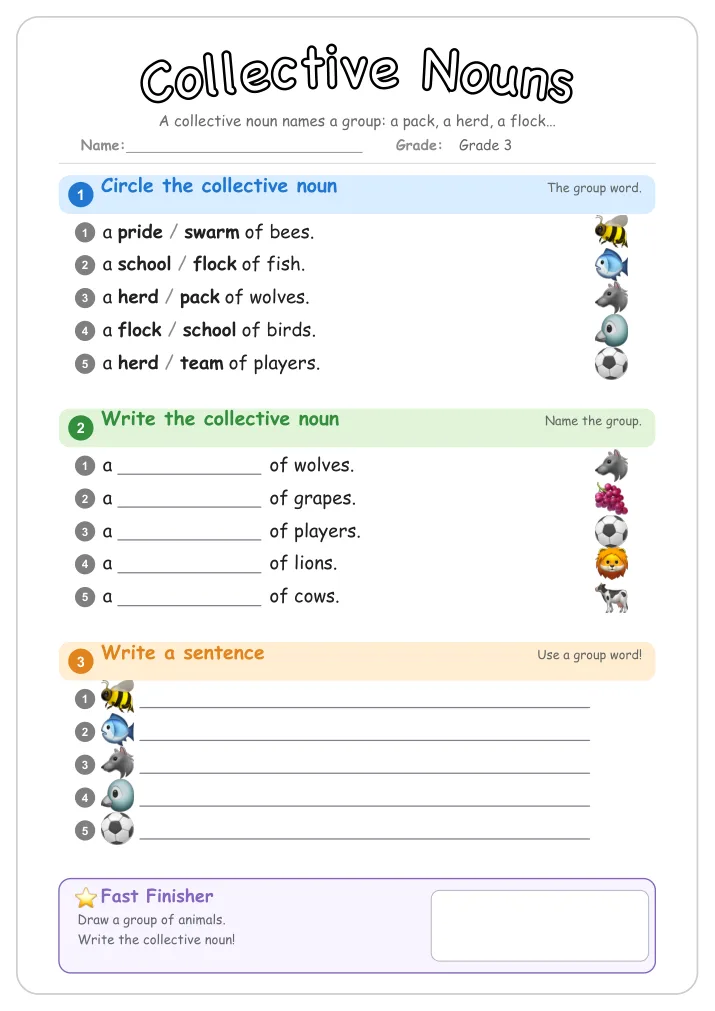 Collective Nouns grammar worksheet for Grade 3
