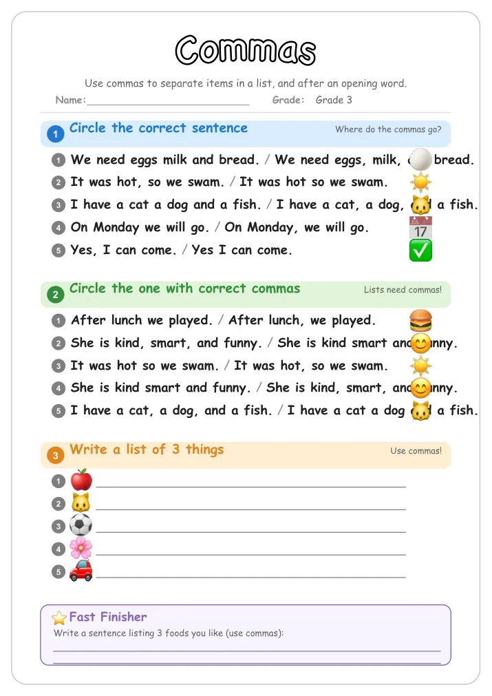 Commas grammar worksheet for Grade 3