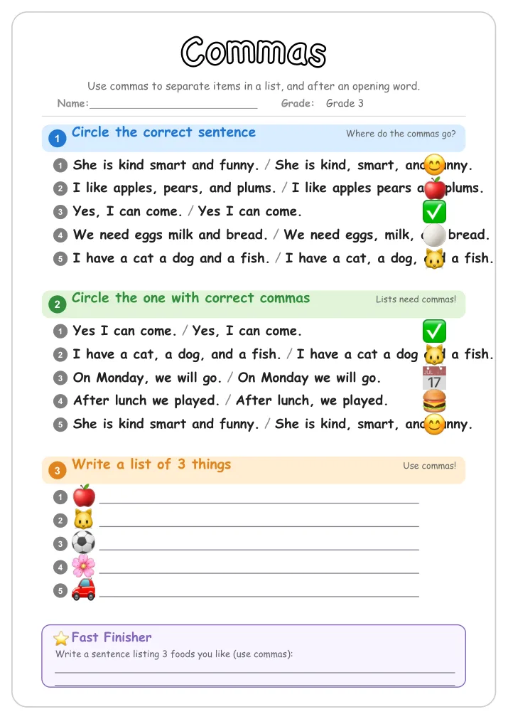 Commas grammar worksheet for Grade 3