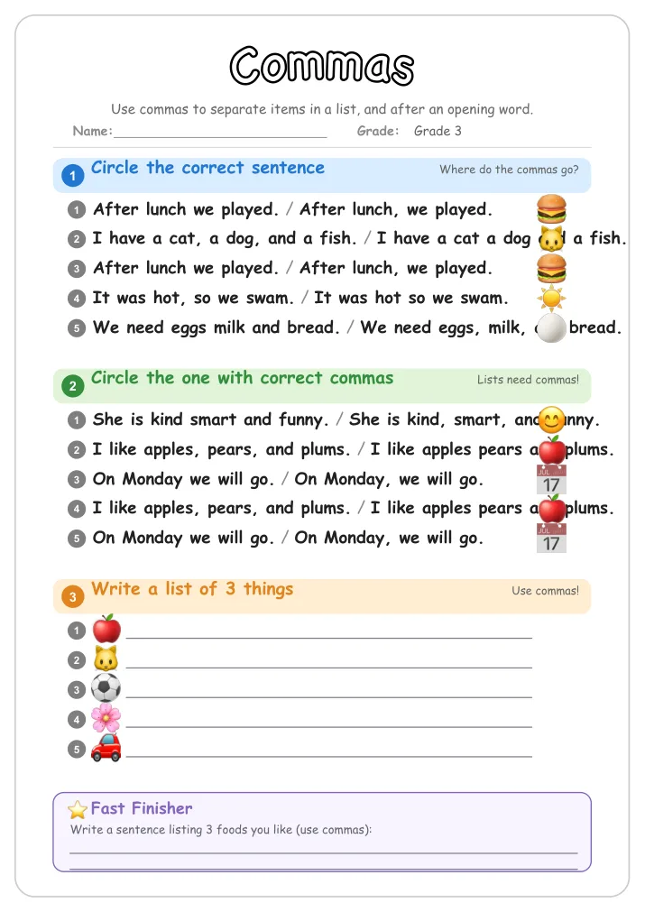 Commas grammar worksheet for Grade 3