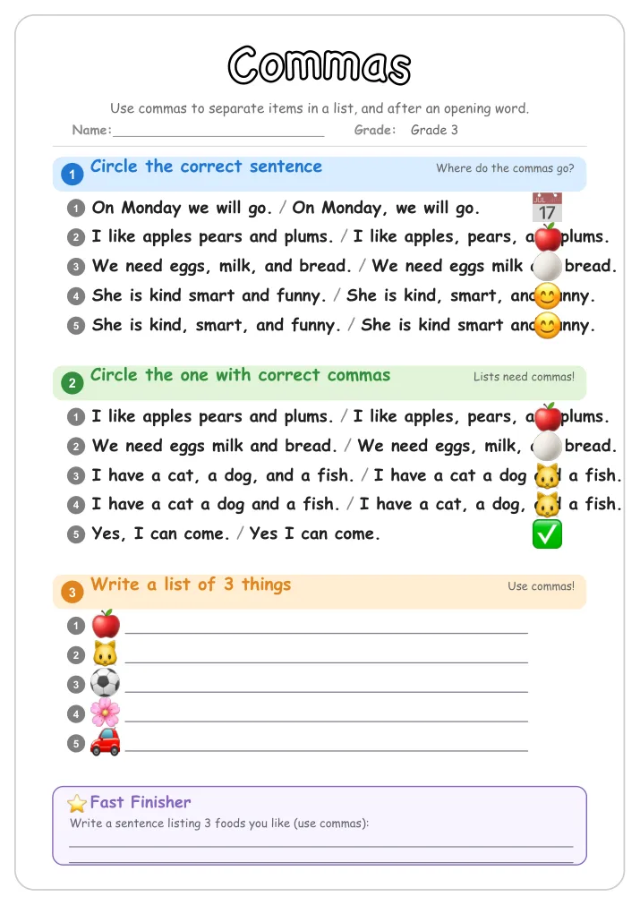 Commas grammar worksheet for Grade 3