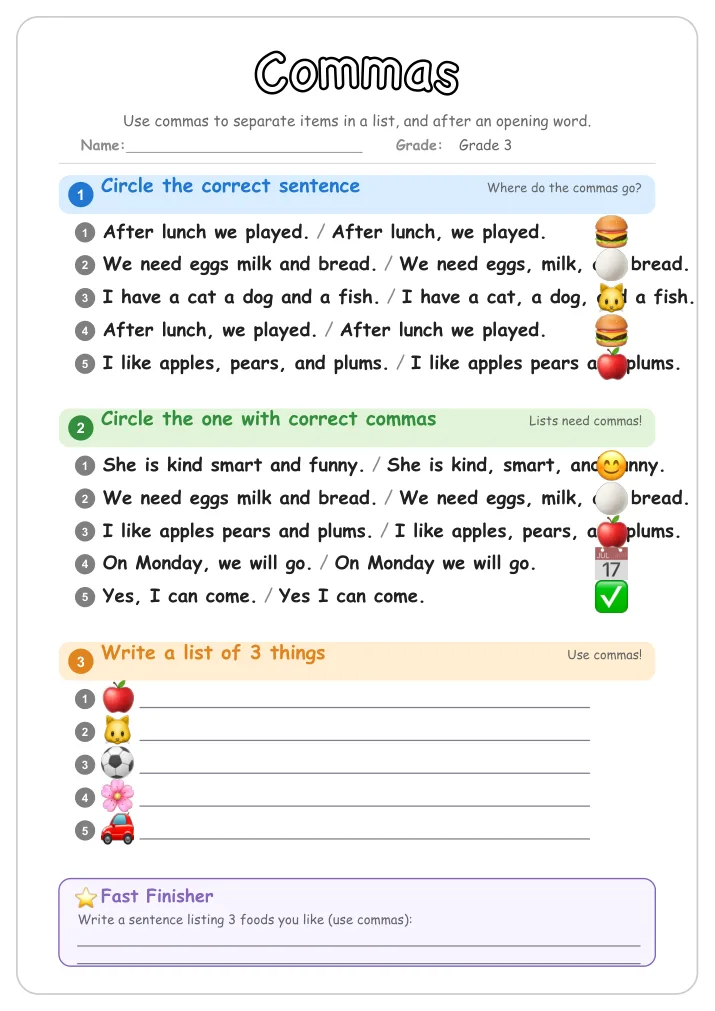 Commas grammar worksheet for Grade 3