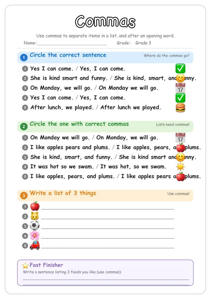 Commas grammar worksheet for Grade 3