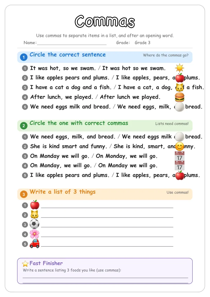 Commas grammar worksheet for Grade 3