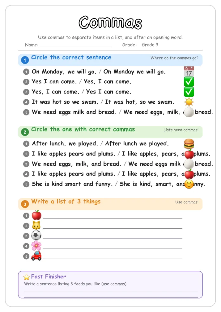 Commas grammar worksheet for Grade 3
