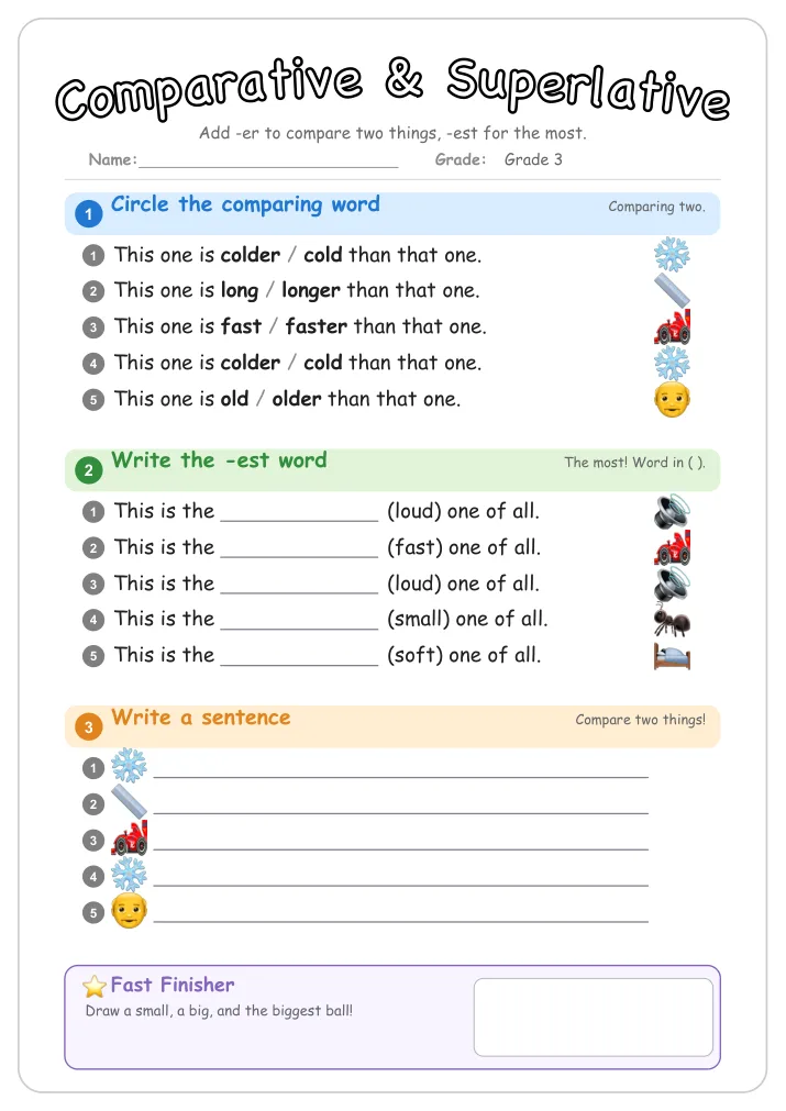 Comparative & Superlative grammar worksheet for Grade 3