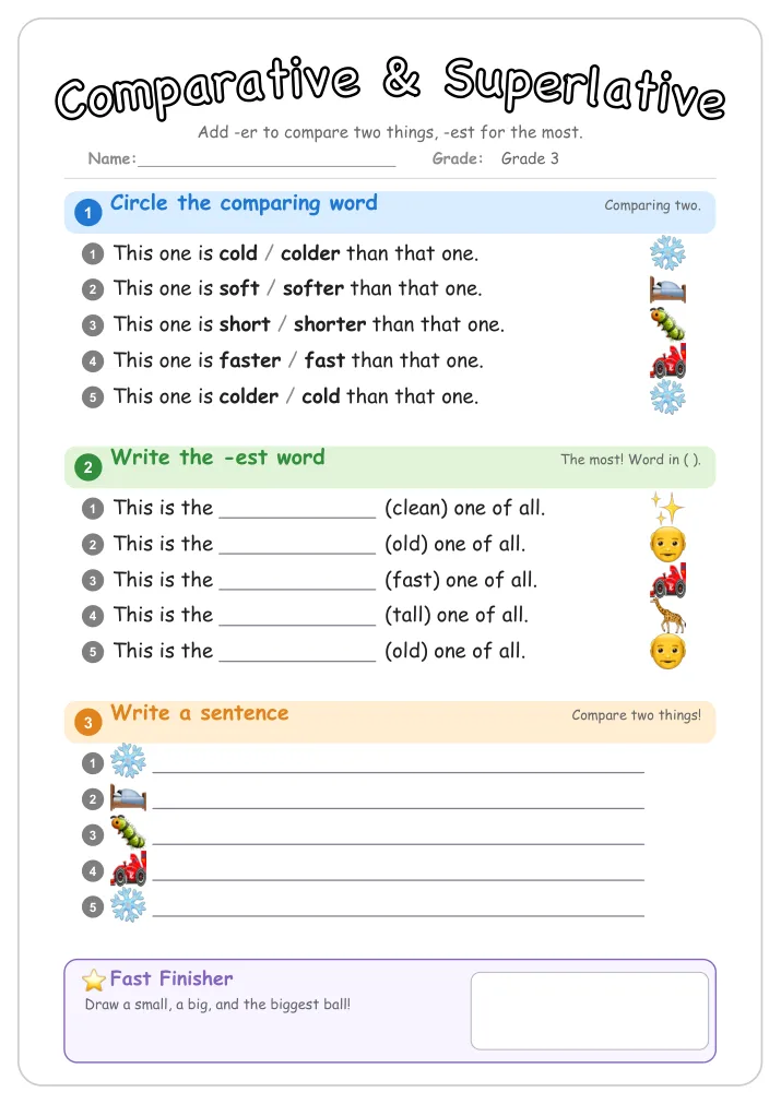 Comparative & Superlative grammar worksheet for Grade 3