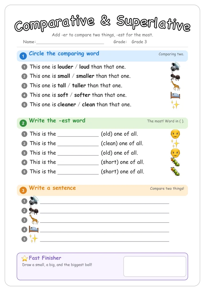 Comparative & Superlative grammar worksheet for Grade 3
