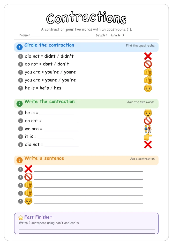 Contractions grammar worksheet for Grade 3
