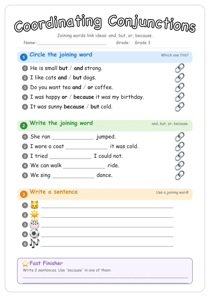 Coordinating Conjunctions grammar worksheet for Grade 3